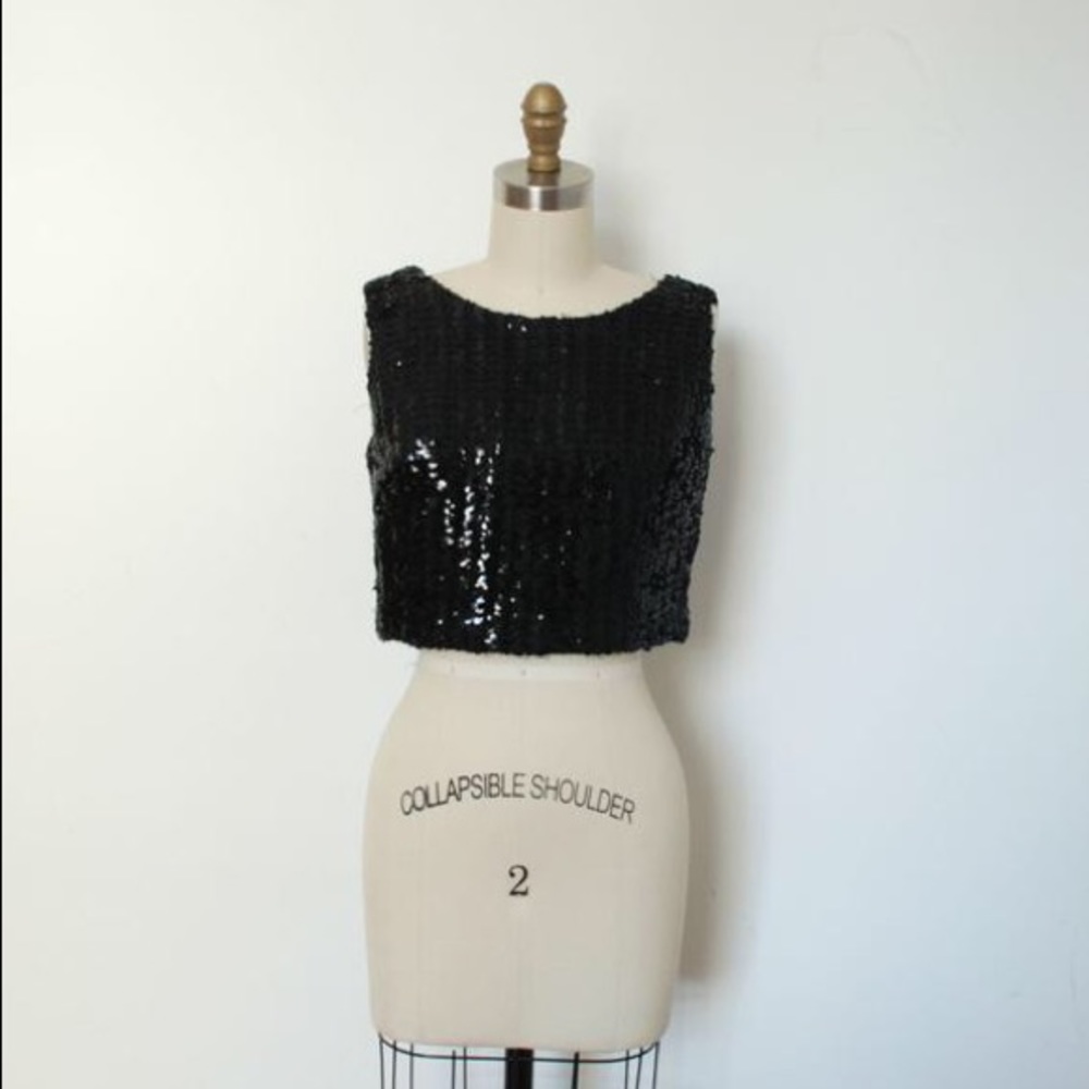 Vintage Sequined Blouse / 1960s Black Beaded Crop